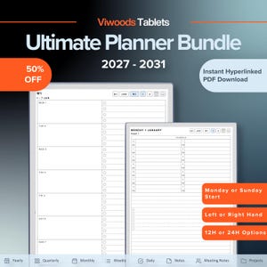 Puede incluir: Un paquete de planificadores digitales titulado Viwoods Tablets Ultimate Planner Bundle 2027-2031, que muestra dos pantallas de tableta con diseños de horarios semanales y diarios con pestañas de navegación con hipervínculos para vistas trimestrales.