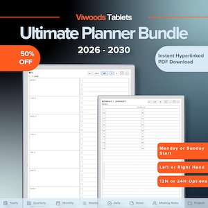 Può includere: Viwoods Tablets Ultimate Planner Bundle 2026-2030, un'agenda digitale con layout settimanali e giornalieri. Include testo: 50% OFF, Instant Hyperlinked PDF Download, Monday or Sunday Start, Left or Right Hand, 12H or 24H Options.