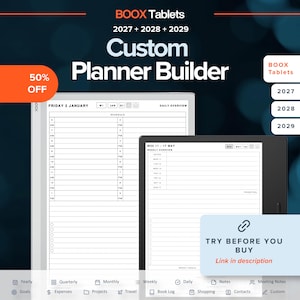 Könnte beinhalten: Ein digitaler Planer-Builder für BOOX-Tablets mit Vorlagen für 2027, 2028 und 2029. Das Display zeigt eine Tagesübersicht für Freitag, den 2. Januar, und eine Wochenübersicht für Mai. Enthält Navigationssymbole, einen 50%-Rabatt-Button und einen Testlink.