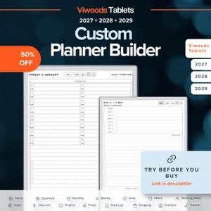 Può includere: Due schermi di tablet digitali che mostrano modelli di agenda con il testo Viwoods Tablets 2027 2028 2029 Custom Planner Builder. Gli schermi mostrano layout di pianificazione giornaliera e settimanale con caselle di controllo e icone.
