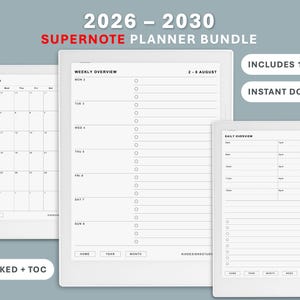 Può includere: Un pacchetto di pianificatori digitali per il 2026-2030, con pagine di pianificazione settimanali e giornaliere. Le pagine bianche includono sezioni per note e liste di cose da fare. Il testo sull'immagine include "SUPERNOTE PLANNER BUNDLE", "INCLUDES 10 PDFS" e "INSTANT DOWNLOAD".