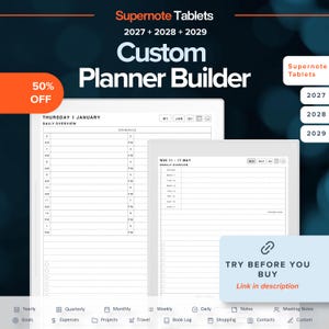 May include: Two digital tablets displaying custom planner templates for 2027, 2028, and 2029. The screens show daily and weekly schedule layouts with hourly time slots, date headers, and task lists. Text includes Supernote Tablets and Try Before You Buy.