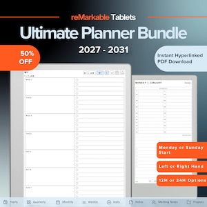 May include: A digital planner bundle for reMarkable tablets covering 2027-2031. The display shows a weekly layout with a column of checkboxes and a daily schedule page. Text includes Ultimate Planner Bundle, Instant Hyperlinked PDF Download.