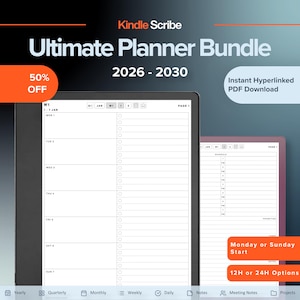 May include: A digital planner bundle for Kindle Scribe featuring a weekly layout with dates from 2026 to 2030. The interface includes navigation tabs for yearly, quarterly, monthly, weekly, daily, notes, meeting notes, and projects. Text includes "Kindle Scribe Ultimate Planner Bundle 2026 - 2030", "Instant Hyperlinked PDF Download", "Monday or Sunday Start", and "12H or 24H Options".