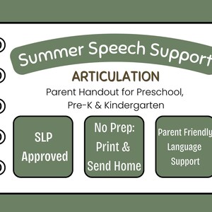 May include: A white spiral-bound handout with olive green accents titled Summer Speech Support Articulation. It includes text for preschool, Pre-K, and kindergarten, plus boxes labeled SLP Approved, No Prep: Print & Send Home, and Parent Friendly Language Support.