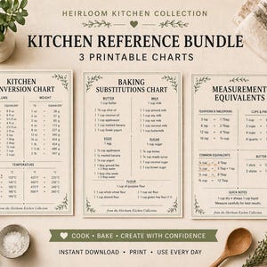 Puede incluir: Un paquete de referencia de cocina con tres gráficos imprimibles. Los gráficos incluyen conversiones de cocina, sustituciones de horneado y equivalencias de medidas. Los gráficos beige presentan adornos florales y el texto "Cook, Bake, Create with Confidence".