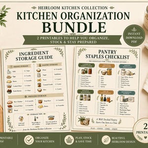 Puede incluir: Un paquete de organización de cocina con dos guías imprimibles. Una es una guía de almacenamiento de ingredientes y la otra es una lista de verificación de alimentos de despensa. El paquete incluye un tarro de cereales, una toalla de lino y una pequeña planta en maceta.