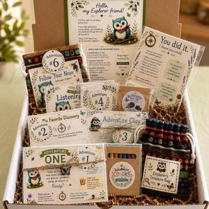 May include: A cardboard box filled with an explorer-themed activity kit, featuring multiple illustrated cards with owl motifs, numbered adventure tags, a small bag of butterfly pea tea, a box of colored pencils, and a patterned drawstring treasure bag.
