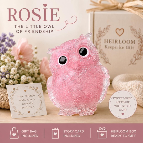 Rose Quartz Owl Keepsake | Friendship Gift with Story Card, Gift Bag