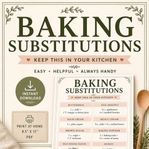 May include: A printable baking substitutions chart with a cream background and dark green text. The title "BAKING SUBSTITUTIONS" is at the top. The chart includes substitutions for buttermilk, sour cream, brown sugar, and more. The text "KEEP THIS IN YOUR KITCHEN" is also visible.