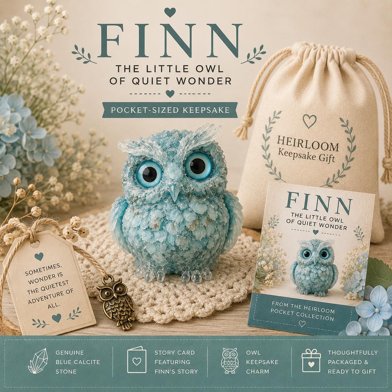 Finn the Little Owl of Quiet Wonder | Natural Turquoise Pocket Owl Keepsake | Meaningful Encourageme