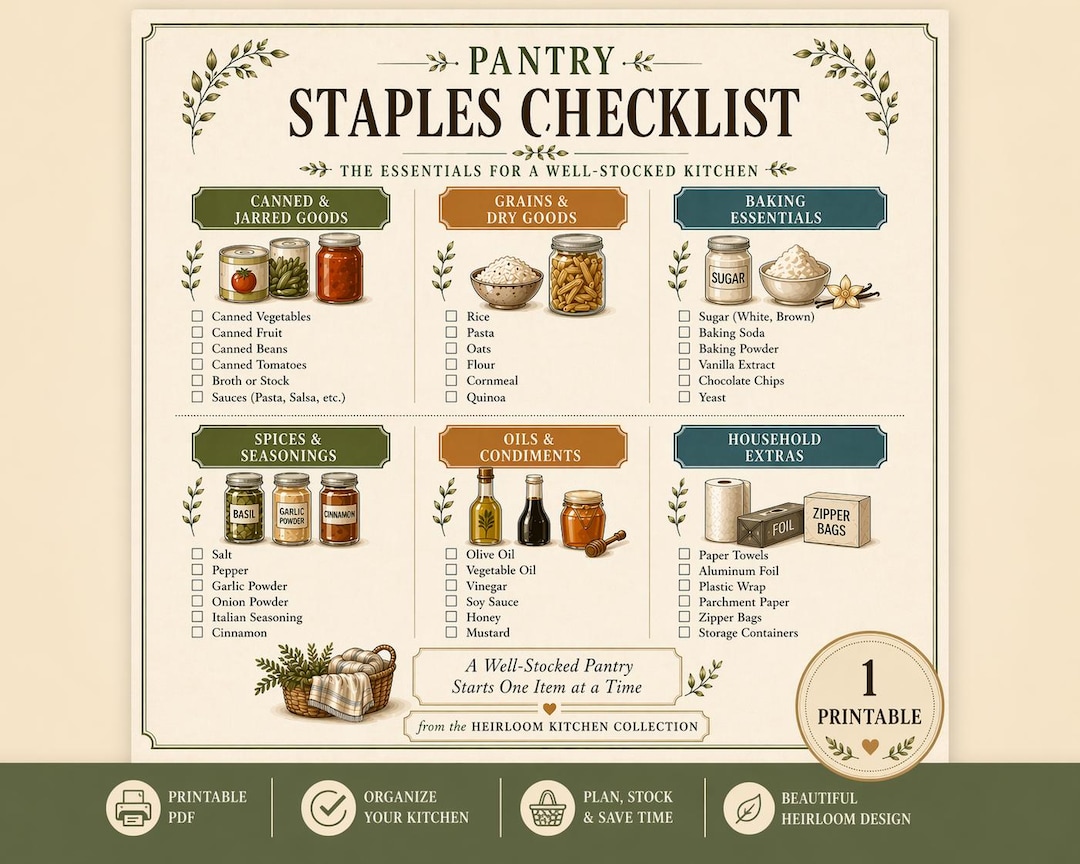 Pantry Staples Checklist, Kitchen Organization, Grocery List (PDF ...