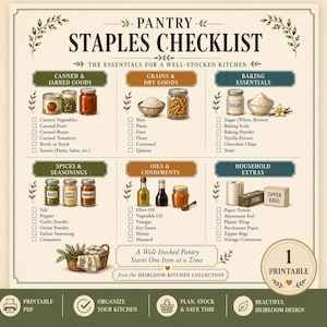 May include: A printable pantry staples checklist with sections for canned goods, grains, baking essentials, spices, oils, and household extras. The design features a vintage aesthetic with botanical accents and the text "Pantry Staples Checklist".