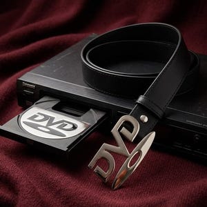 Op de afbeelding: Zwarte leren riem met een zilverkleurige "DVD"-gesp. De riem is gedrapeerd over een zwarte dvd-speler met een dvd-schijf in de lade. De achtergrond is een donkerrode stof.
