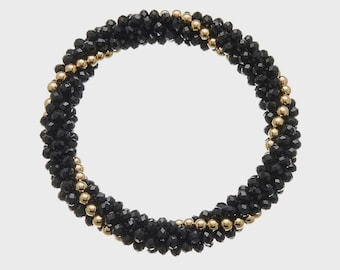Womens Stretch Black Bracelet with glass rondelle and gold beads  Rae