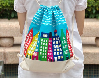 SALE Drawstring backpack/ Cotton backpack/ Drawstring bag/ handmade backpack/ Gym bag/ Swim bag ~ Colorful buildings (B41) RS/L1