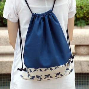 Drawstring backpack/ Cotton backpack/ Drawstring bag/ handmade backpack/ Gym bag/ Swim bag ~ Dark blue birds (B43)