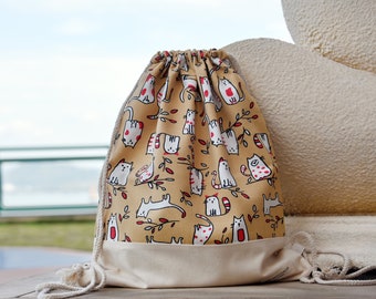 Drawstring backpack/ Cotton backpack/ Drawstring bag/ handmade backpack/ Gym bag/ Swim bag ~ White cats (B133)