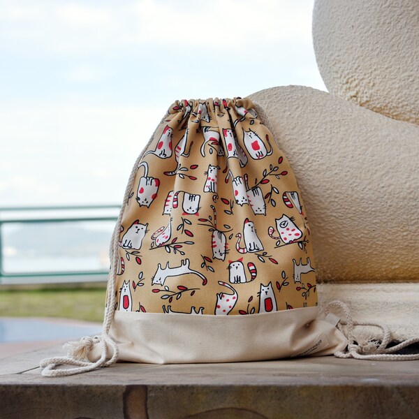 Drawstring backpack/ Cotton backpack/ Drawstring bag/ handmade backpack/ Gym bag/ Swim bag ~ White cats (B133)