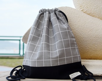 Drawstring backpack/ Cotton backpack/ Drawstring bag/ handmade backpack/ Gym bag/ Swim bag ~ Gray checks (B117) RS