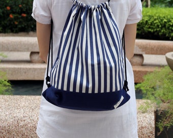 Drawstring backpack/ Cotton backpack/ Drawstring bag/ handmade backpack/ Gym bag/ Swim bag ~ Blue and white strips (B9)