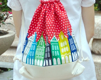 SALE Drawstring backpack/ Cotton backpack/ Drawstring bag/ handmade backpack/ Gym bag/ Swim bag ~ Colorful buildings (B37) RS/L1