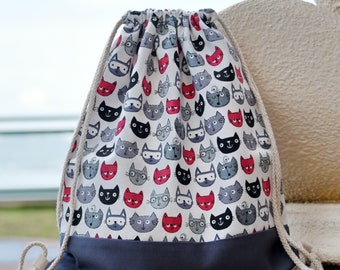 Drawstring backpack/ Cotton backpack/ Drawstring bag/ handmade backpack/ Gym bag/ Swim bag ~ Cats (B137)