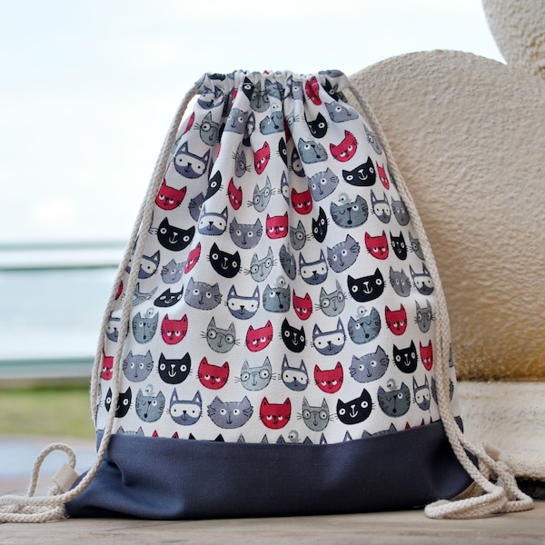 Drawstring backpack/ Cotton backpack/ Drawstring bag/ handmade backpack/ Gym bag/ Swim bag ~ Cats (B137)