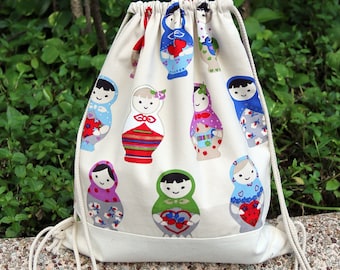 Drawstring backpack/ Cotton backpack/ Drawstring bag/ handmade backpack/ Gym bag/ Swim bag ~  Matryoshka Russian doll (B3)