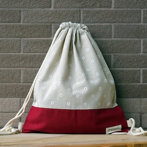 Drawstring backpack/ Cotton backpack/ Drawstring bag/ handmade backpack/ Gym bag/ Swim bag ~ Small white flowers (B156)