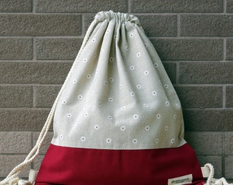 Drawstring backpack/ Cotton backpack/ Drawstring bag/ handmade backpack/ Gym bag/ Swim bag ~ Small white flowers (B156)