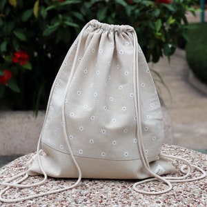SALE Drawstring backpack/ Cotton backpack/ Drawstring bag/ handmade backpack/ Gym bag/ Swim bag ~ Little white flowers (B14)