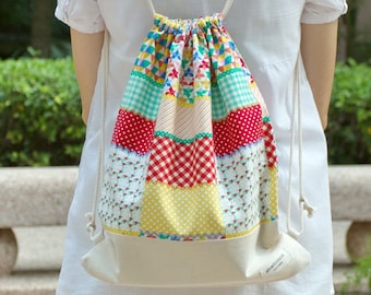 Drawstring backpack/ Cotton backpack/ Drawstring bag/ handmade backpack/ Gym bag/ Swim bag ~ Patchwork pattern (B33)