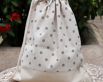 Rugzak met trekkoord/ katoenen rugzak/ tas met trekkoord/ handgemaakte rugzak/ sporttas/ zwemtas ~ Kleine bruine bloemen (B17)