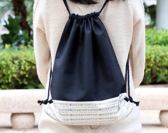 Mochila con cordón/ Mochila de algodón/ Bolsa con cordón/ Mochila hecha a mano/ Bolsa de gimnasio/ Bolsa de natación ~ Música (B63)