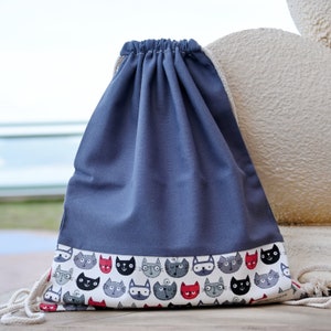 Drawstring backpack/ Cotton backpack/ Drawstring bag/ handmade backpack/ Gym bag/ Swim bag ~ White cats (B142)