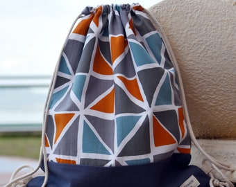Mochila con cordón/ Mochila de algodón/ Bolsa con cordón/ Mochila hecha a mano/ Bolsa de gimnasio/ Bolsa de natación ~ Patrón geométrico (B138)