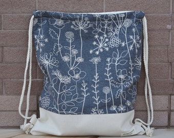 Drawstring backpack/ Cotton backpack/ Drawstring bag/ handmade backpack/ Gym bag/ Swim bag ~ Foral pattern on gray (B173)