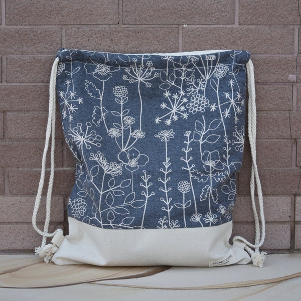 Drawstring backpack/ Cotton backpack/ Drawstring bag/ handmade backpack/ Gym bag/ Swim bag ~ Foral pattern on gray (B173)