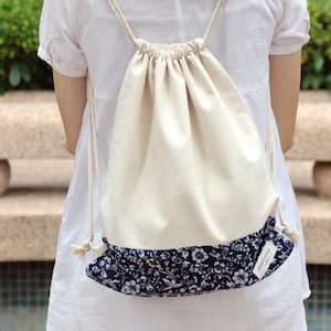 Drawstring backpack/ Cotton backpack/ Drawstring bag/ handmade backpack/ Gym bag/ Swim bag ~ Antiqued birds on blue (B45)