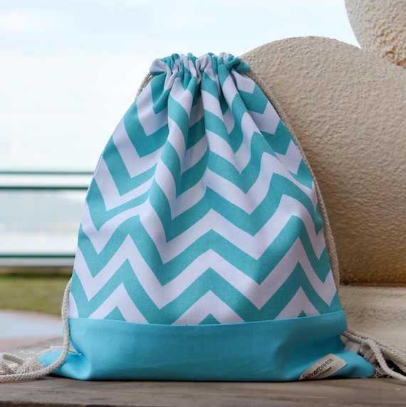 SALE Drawstring Backpack Cotton Backpack Drawstring Bag Handmade Backpack Gym Bag Swim Bag Aqua Chevron B135 RS Etsy