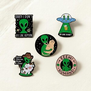 Funny Alien Enamel Pin Set, UFO and Green Alien Brooch Collection, Cute Space Humor Pins for Jackets Bags, Gift for Sci Fi Lovers