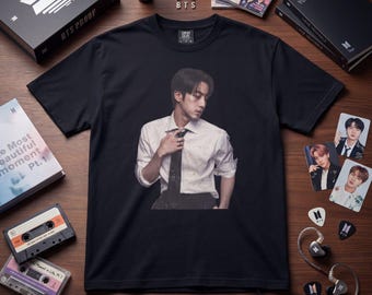 Può includere: T-shirt nera con un ritratto di un uomo con camicia bianca e cravatta nera. L'immagine è circondata da merchandising BTS, tra cui libri, fototessere e un light stick. Il testo "BTS PROOF" è visibile su una scatola nera.