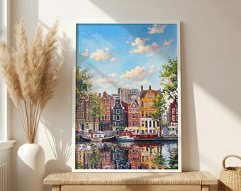 Akvarelltryck av Amsterdamkanalen, holländsk stadslandskapsdekor, färgglada europeiska båtar (digitalt)