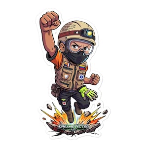Puede incluir: Una pegatina que ilustra a un rescatista con chaleco beige, casco con linterna frontal y gafas protectoras, levantando el puño mientras salta de una explosión. El chaleco tiene una bandera de Venezuela y el texto DREAMSVECTOR ART debajo.