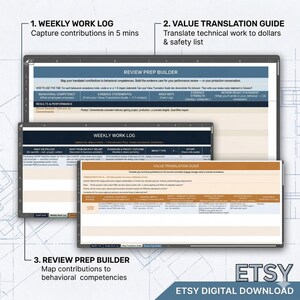 May include: Digital Etsy download featuring a Weekly Work Log, a Value Translation Guide, and a Review Prep Builder. The documents are designed to capture contributions, translate work to dollars, and map contributions to behavioral competencies. The Etsy logo is visible.