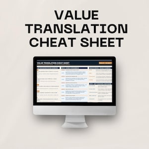May include: A computer monitor displays a "VALUE TRANSLATION CHEAT SHEET" on a light beige background. The text is in black, with the title in a bold, large font. The monitor shows a detailed document with various sections and lists.