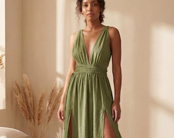 Vestido largo de lino estilo diosa, vestido de lino estilo diosa griega, vestido maxi de lino estilo boho, vestido de lino de verano, vestido de lino para mujer, vestido boho de tallas grandes
