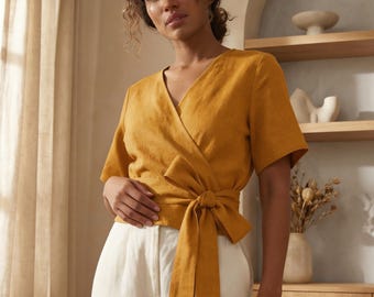 100% Leinen Crop Top, Leinen Wickeltop, Leinen Wickelbluse, Leinen Tops für Frauen, Leinen Sommer Top, Naturleinen Top, Plus Größe Leinen Top