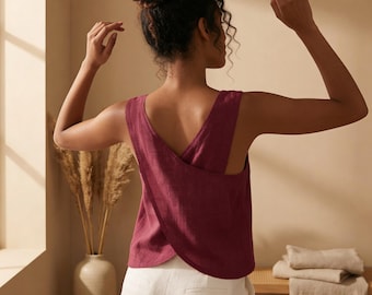 Top de lino con espalda cruzada, blusas de lino para mujer, top de lino sin mangas, camiseta de tirantes de lino para mujer, top de lino de verano, top de lino de tallas grandes